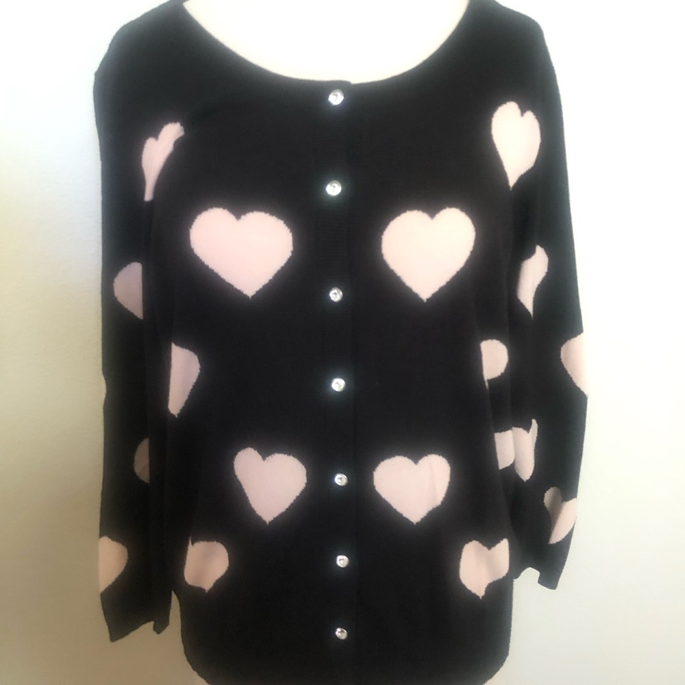 INC International Concepts Black Cardigan with pink heart pattern.